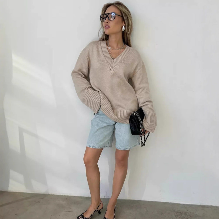 Women Solid Color Pullover Sweater Idle Style