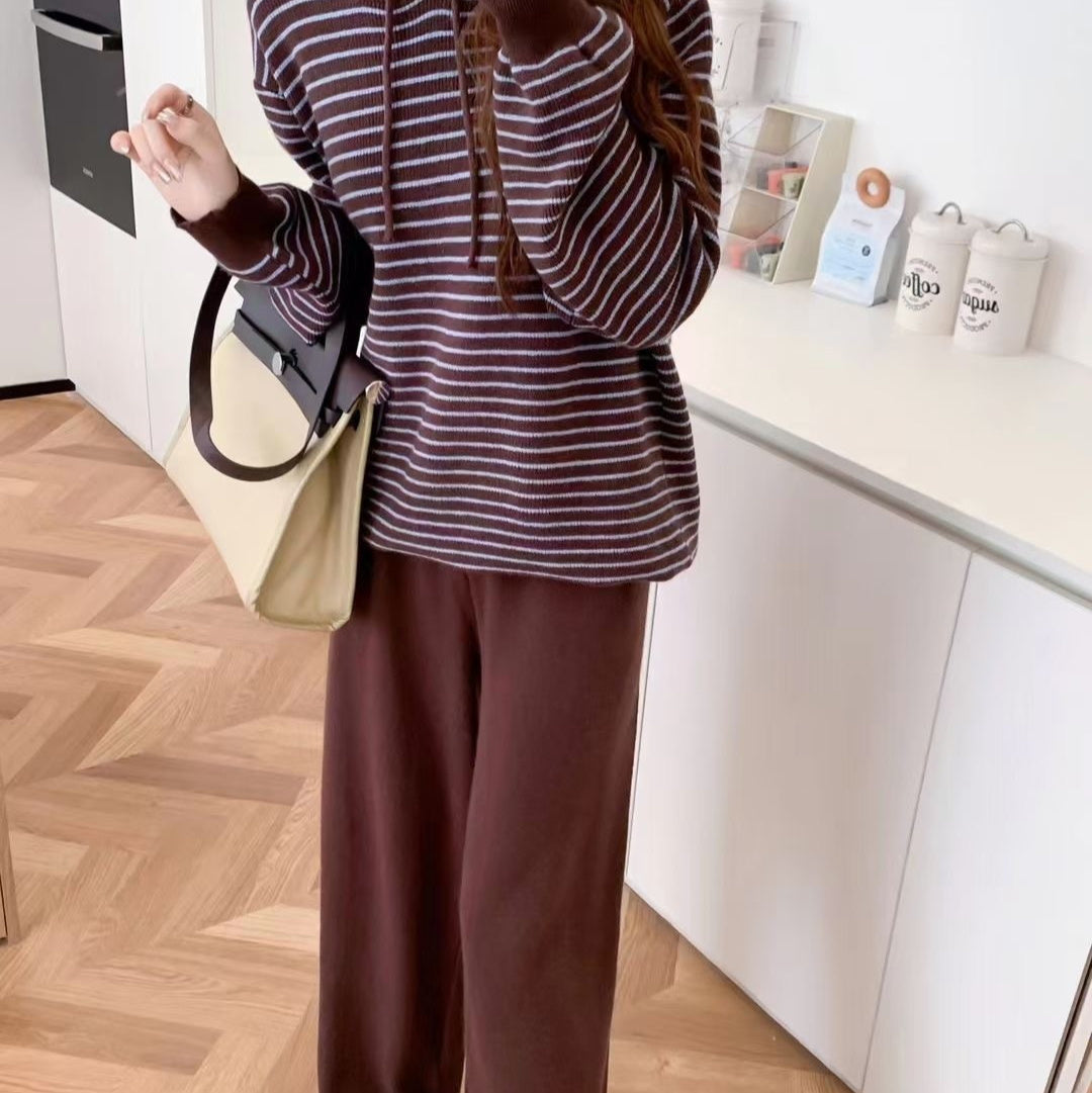 Hooded Contrast Color Striped Sweater Straight-leg Pants