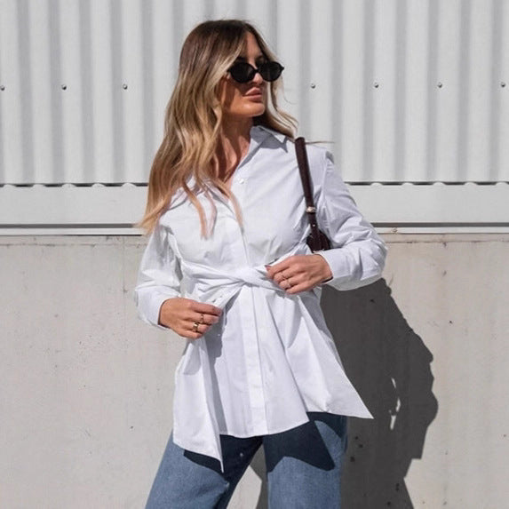 Elegant White Lace-up Waist Trimming Fashion Lapel Cotton Women's Shirt