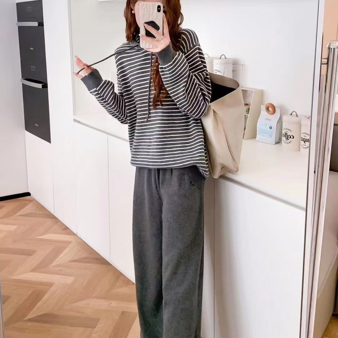 Hooded Contrast Color Striped Sweater Straight-leg Pants