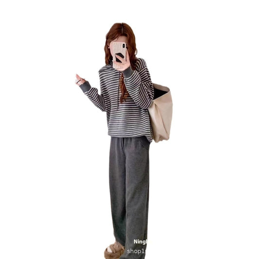 Hooded Contrast Color Striped Sweater Straight-leg Pants