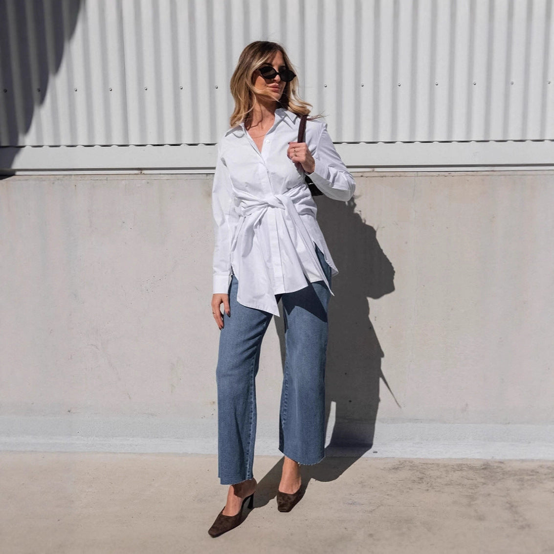 Elegant White Lace-up Waist Trimming Fashion Lapel Cotton Women's Shirt