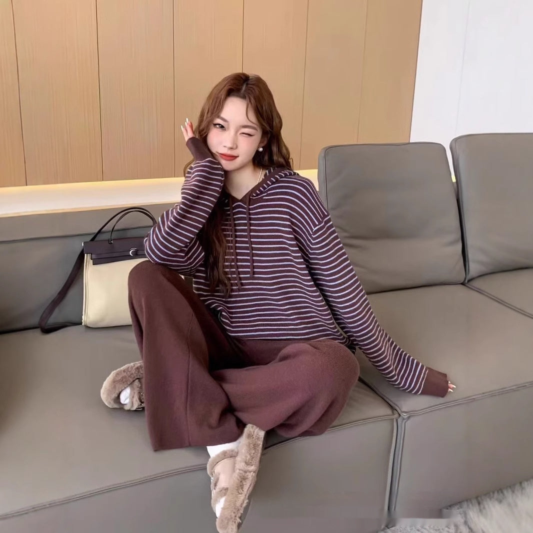 Hooded Contrast Color Striped Sweater Straight-leg Pants
