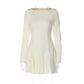 Women's Fashion Bead Round Neck Pleated Slim-fit Waist Back Zipper Dress