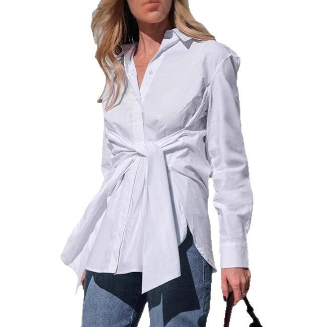 Elegant White Lace-up Waist Trimming Fashion Lapel Cotton Women's Shirt