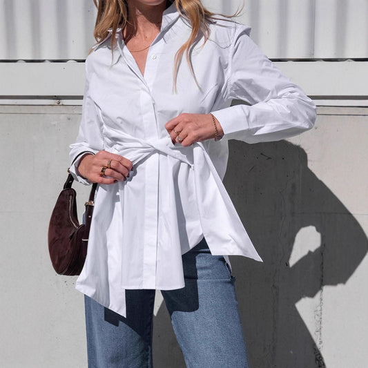 Elegant White Lace-up Waist Trimming Fashion Lapel Cotton Women's Shirt